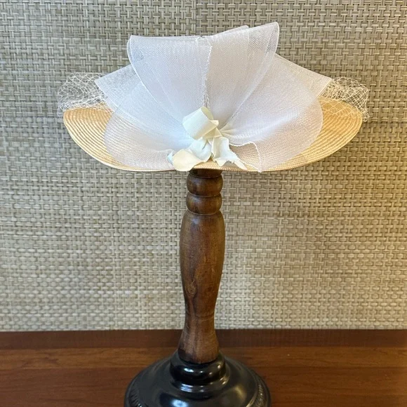 VTG 1980s-90s Wide Brim Straw Veiled Hat w/ Back Bow USA VTG 1980s-90s Wide Brim Straw Veiled Hat w/ Back Bow USA main image 3